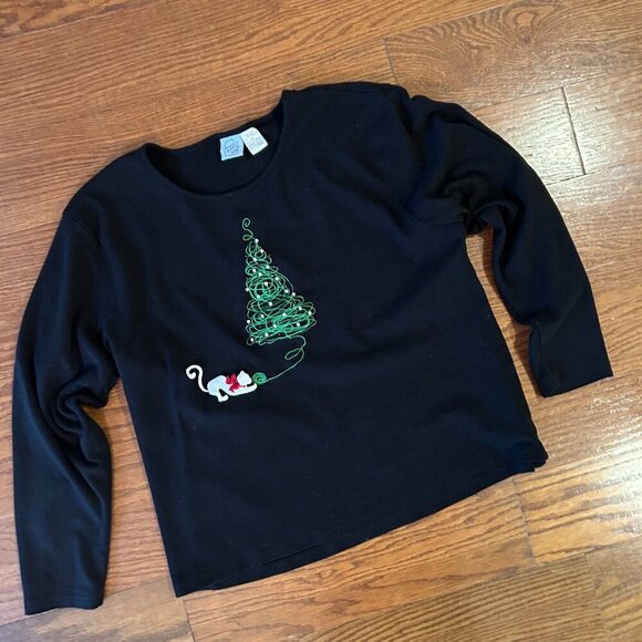 Cat Christmas Tree Beaded Embroidered Holiday Long Sleeve Tee Size 2XL XXL - Picture 2 of 10